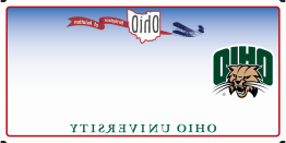 Ohio license plate, airplane at top with Ohio banner behind, Ohio University logo across bottom and OHIO attack cat logo on left.